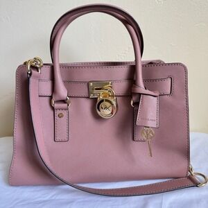 Michael Kors Hamilton Saffiano Leather Medium Satchel Dusty Mauve Lock Handbag